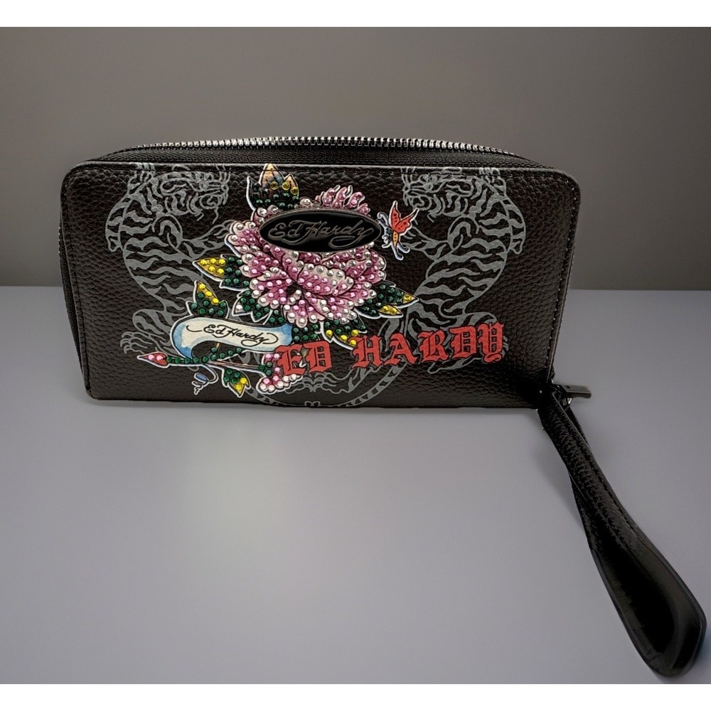 Ed Hardy Wallet Black Tiger Rhinestone Flower Bifold Zip Around NWT